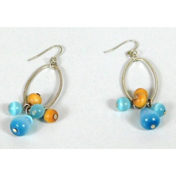 Oval Hoop Beaded Earrings Blue Brown Beads Fishhook Closure - Picture 6 of 7